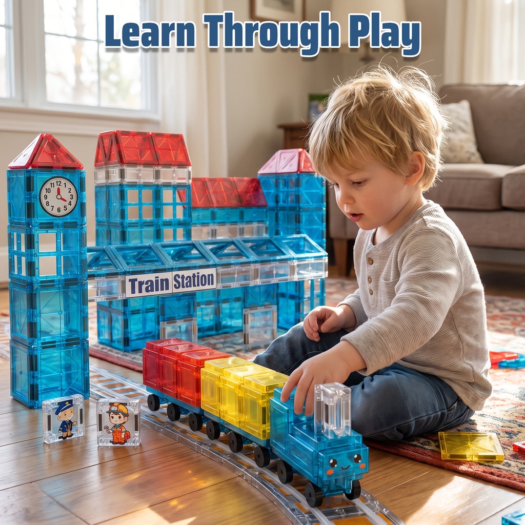 magnetic train station building set 60pcs magnetic tiles