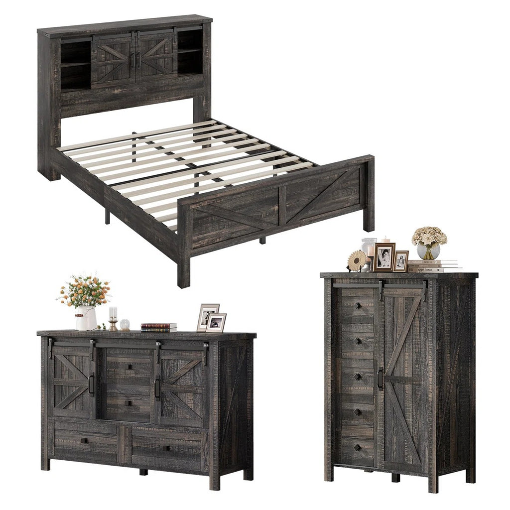 farmhouse bedroom set bed sliding barn doors bookcase