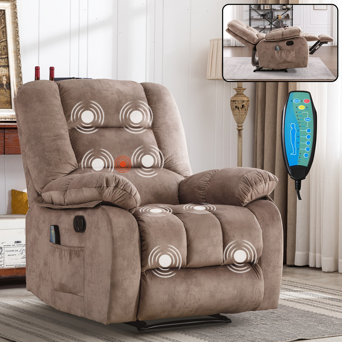 oversized manual recliner chair massage heat soft fabric