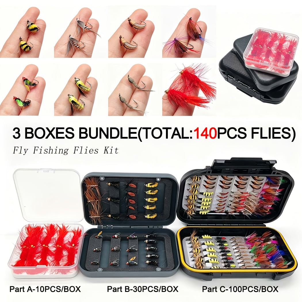 fly fishing flies kit 3 boxes bundle total 140pcs flies dry