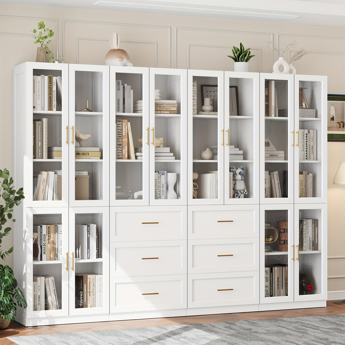 modular bookshelf display cabinet set glass doors drawers 5