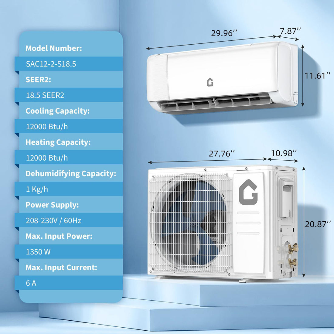 12000BTU  Mini Split Air Conditione/Heating System, 230V, SEER 18.5, For Rooms Up To 750 Sq. Ft