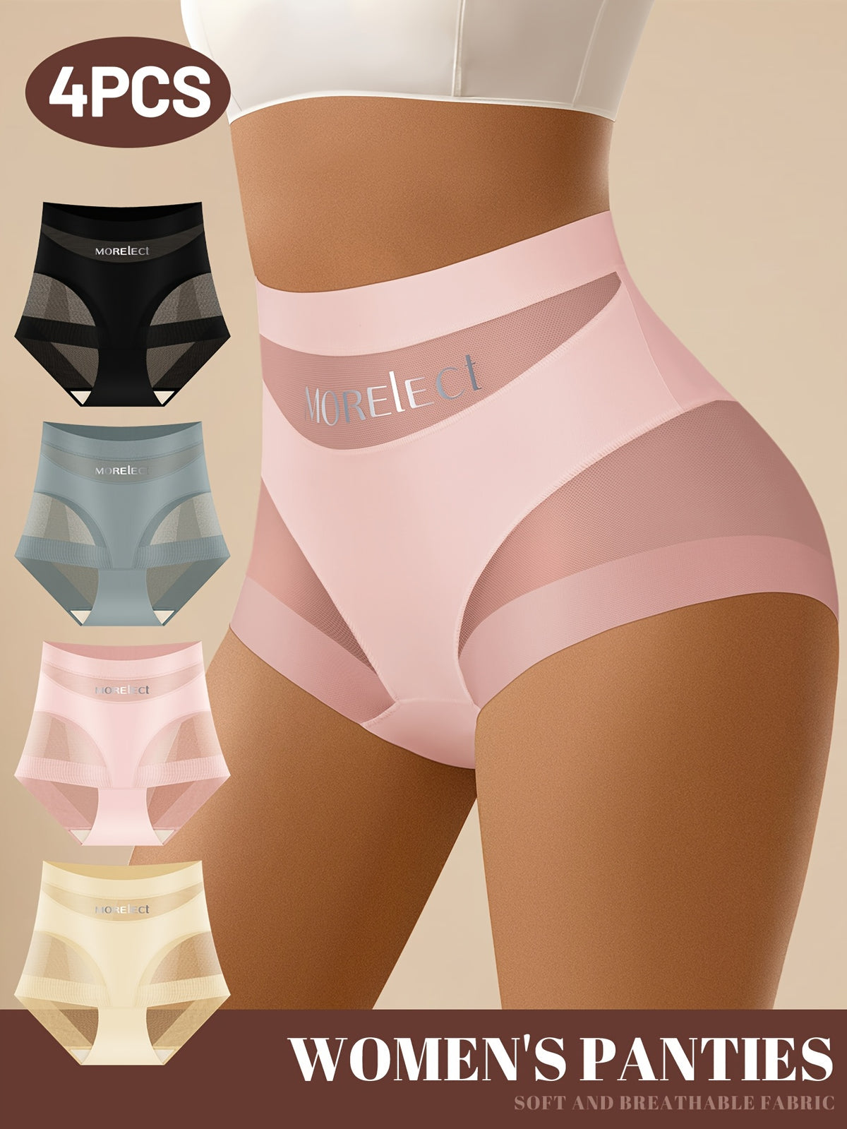 4pcs high waist tummy control breathable mesh womens panties