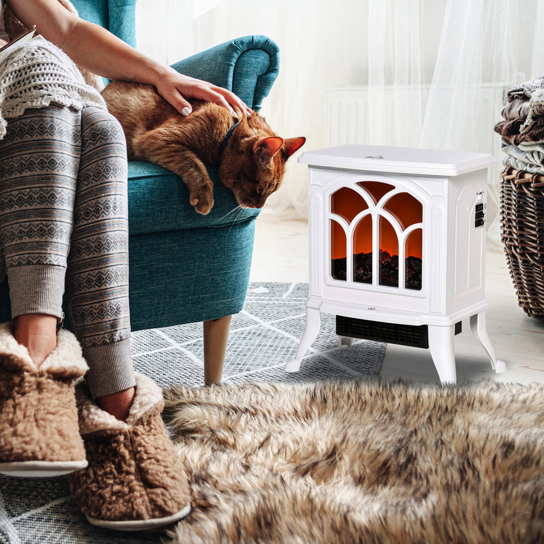 17 Electric Fireplace Stove, White, 750W/1500W, Realistic Logs And Flames, Overheat Protected Stove Heating Heater, Log & Flame Effect,