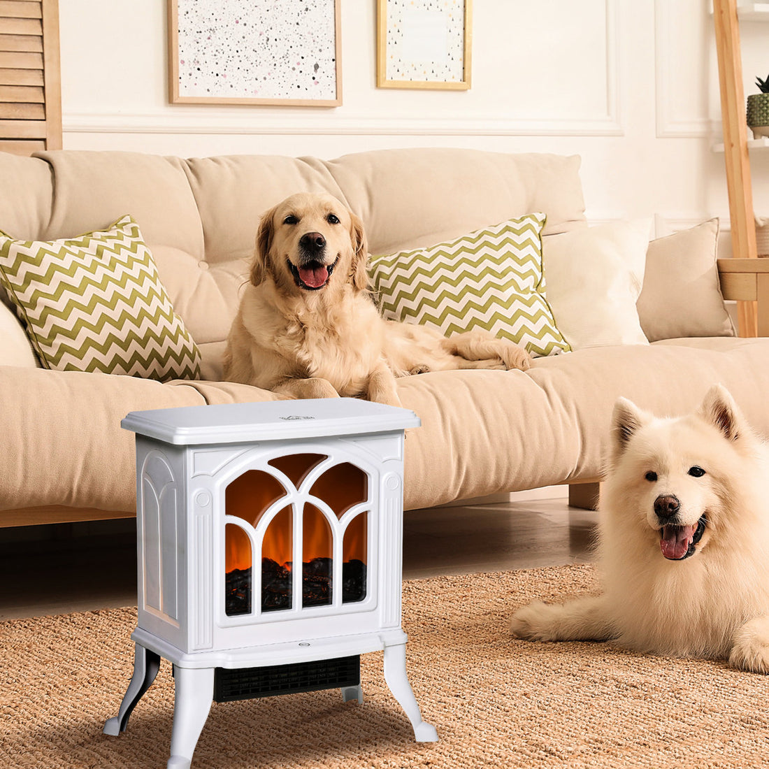 17 Electric Fireplace Stove, White, 750W/1500W, Realistic Logs And Flames, Overheat Protected Stove Heating Heater, Log & Flame Effect,