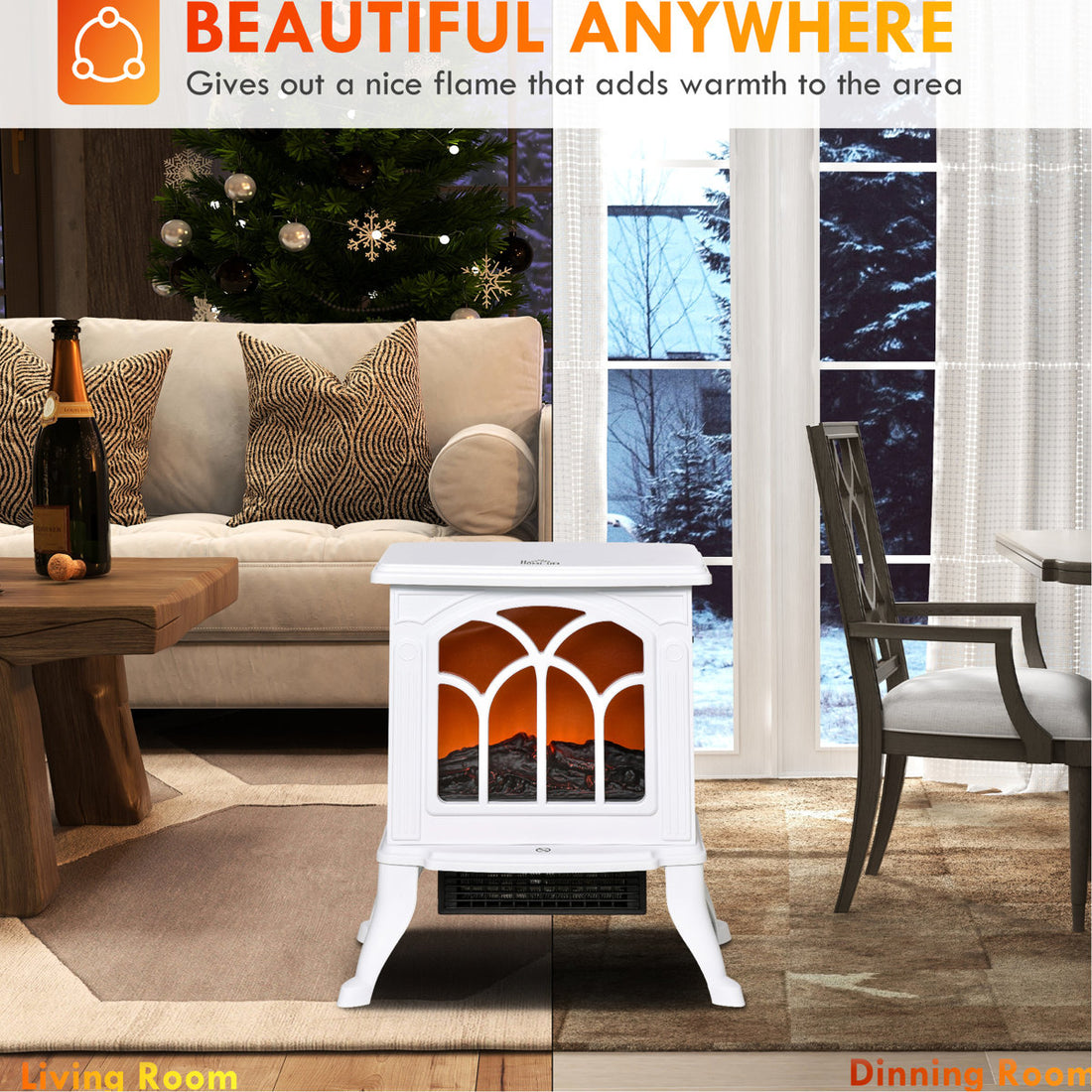 17 Electric Fireplace Stove, White, 750W/1500W, Realistic Logs And Flames, Overheat Protected Stove Heating Heater, Log & Flame Effect,