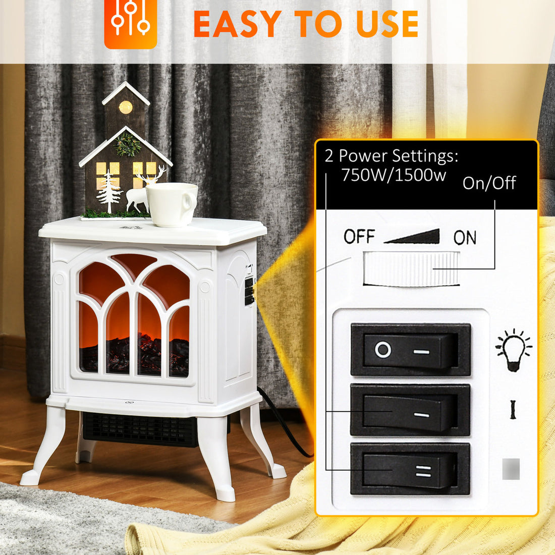 17 Electric Fireplace Stove, White, 750W/1500W, Realistic Logs And Flames, Overheat Protected Stove Heating Heater, Log & Flame Effect,