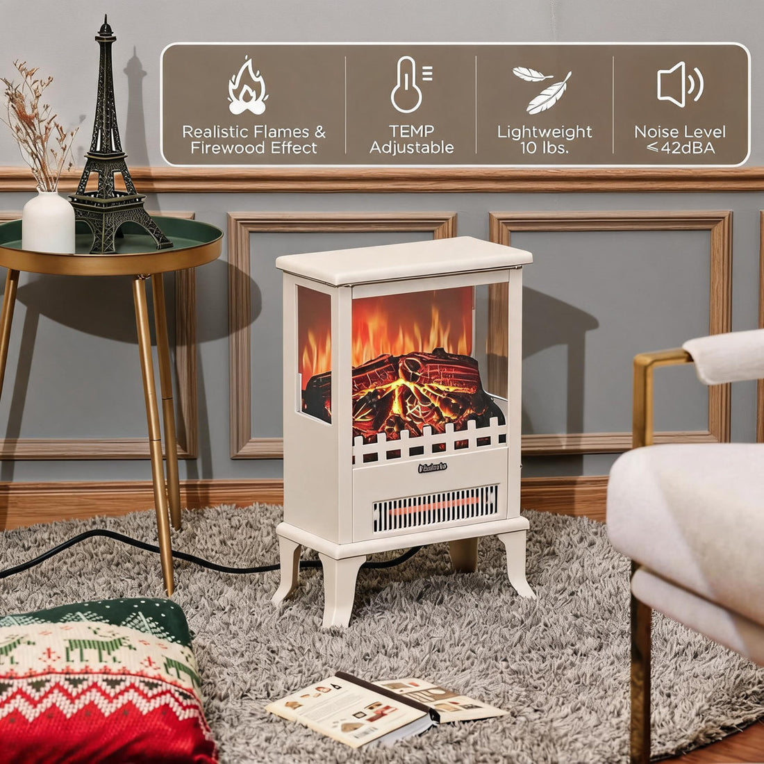 17 Inch Freestanding Electric Fireplace Stove, Thermostat 60¨H-90¨H