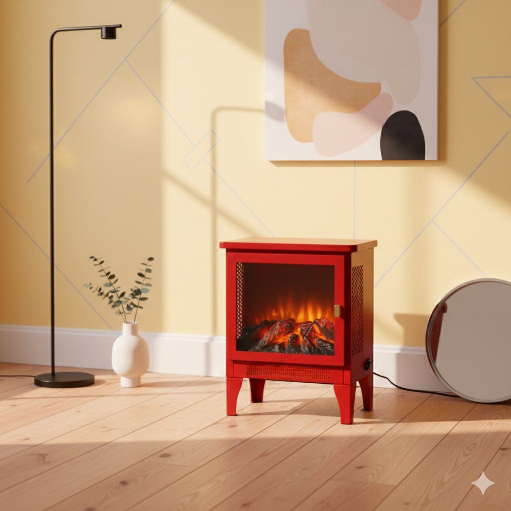 17 Inch Freestanding Electric Fireplace Stove Heater With 3D Flame Effect,Classic Red