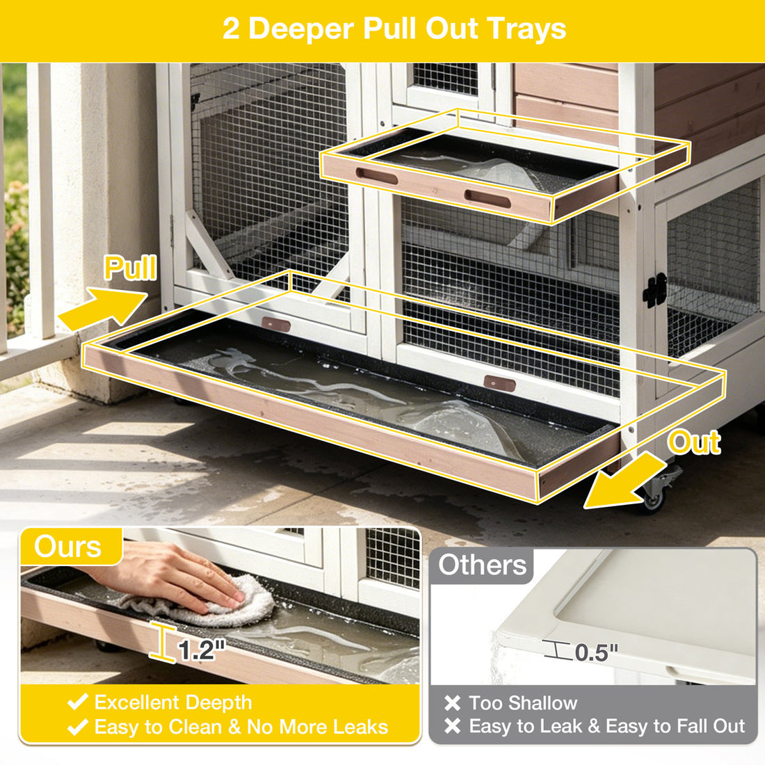 2-Story Wooden Rabbit Hutch Indoor Outdoor, Bunny Cage with Wheels, Chew-Proof Ramp & Pull Out Leak-Proof Trays for Rabbits, Guinea Pigs & Small Animals