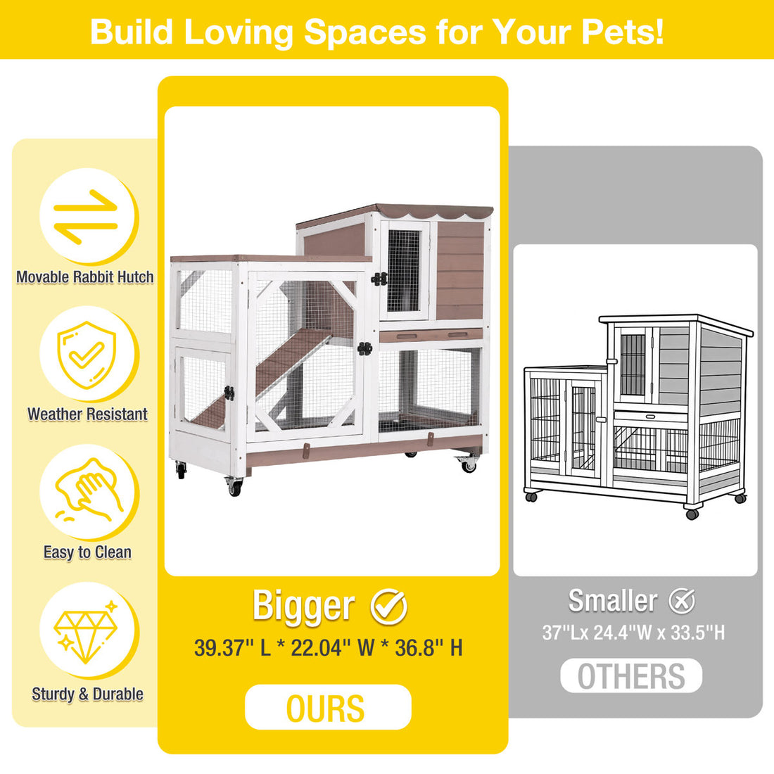 2-Story Wooden Rabbit Hutch Indoor Outdoor, Bunny Cage with Wheels, Chew-Proof Ramp & Pull Out Leak-Proof Trays for Rabbits, Guinea Pigs & Small Animals