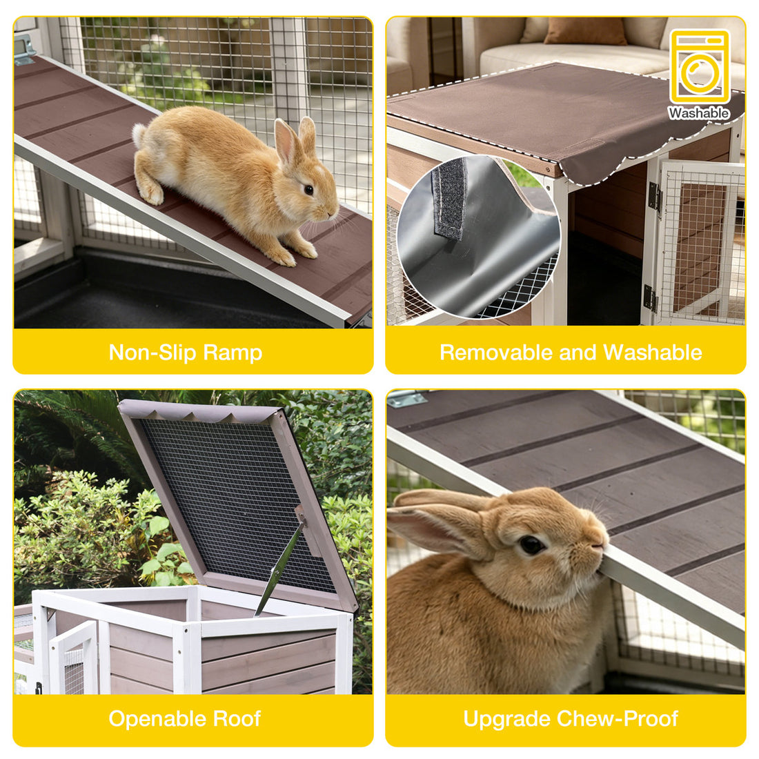 2-Story Wooden Rabbit Hutch Indoor Outdoor, Bunny Cage with Wheels, Chew-Proof Ramp & Pull Out Leak-Proof Trays for Rabbits, Guinea Pigs & Small Animals
