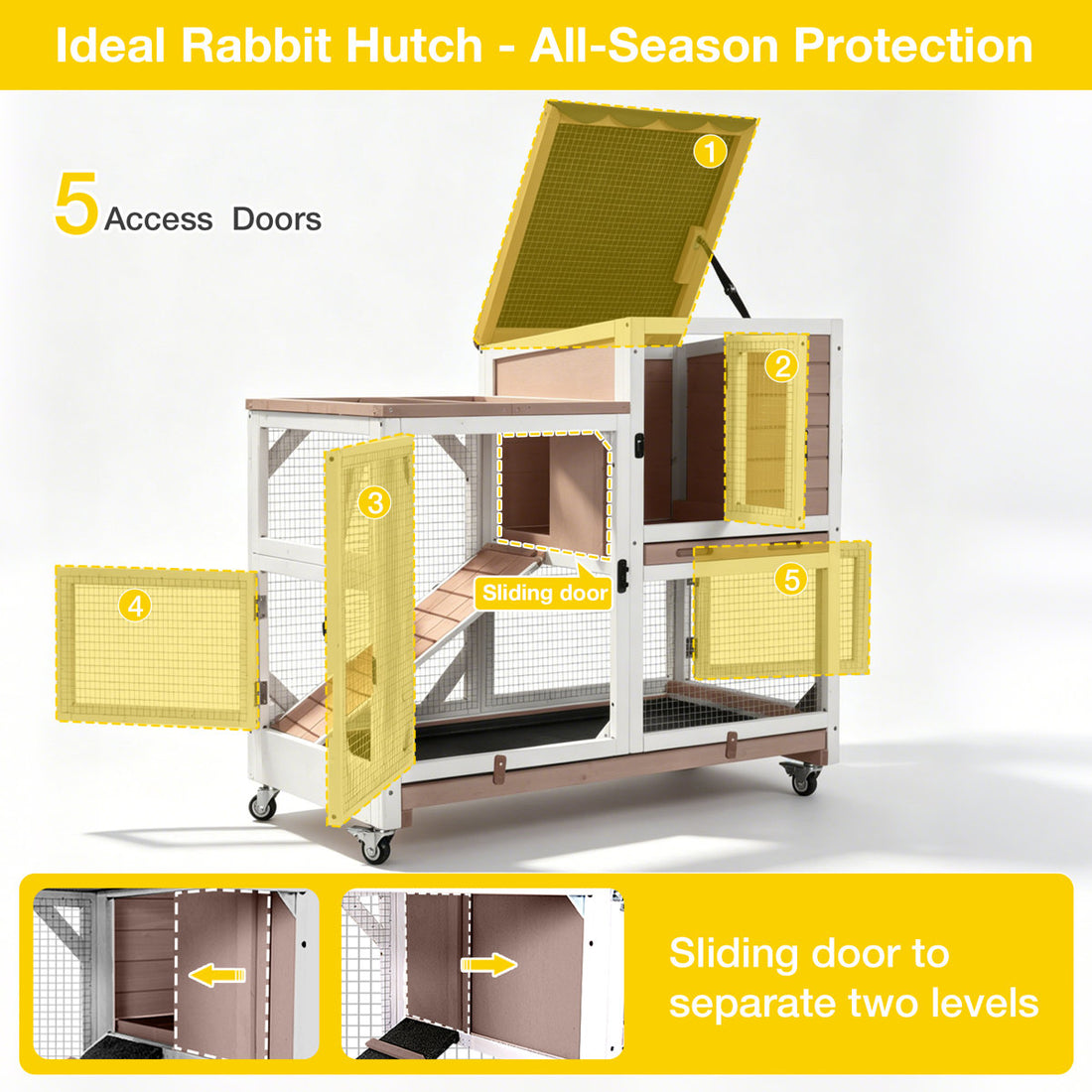 2-Story Wooden Rabbit Hutch Indoor Outdoor, Bunny Cage with Wheels, Chew-Proof Ramp & Pull Out Leak-Proof Trays for Rabbits, Guinea Pigs & Small Animals