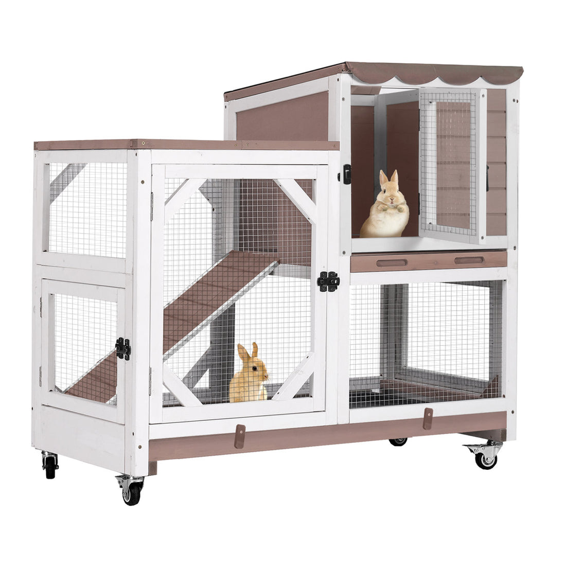 2-Story Wooden Rabbit Hutch Indoor Outdoor, Bunny Cage with Wheels, Chew-Proof Ramp & Pull Out Leak-Proof Trays for Rabbits, Guinea Pigs & Small Animals