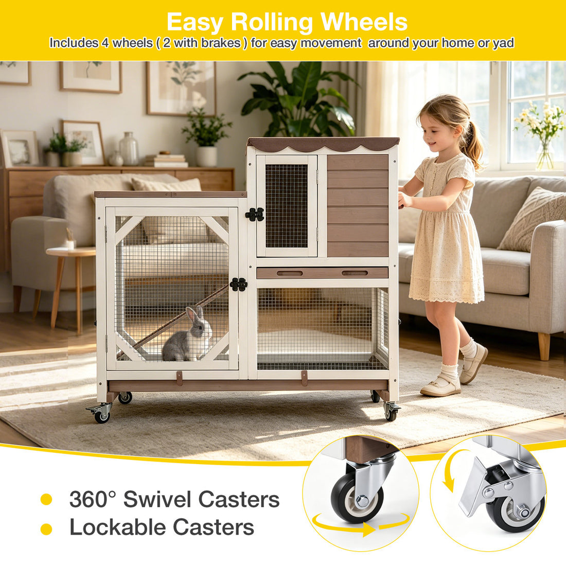 2-Story Wooden Rabbit Hutch Indoor Outdoor, Bunny Cage with Wheels, Chew-Proof Ramp & Pull Out Leak-Proof Trays for Rabbits, Guinea Pigs & Small Animals