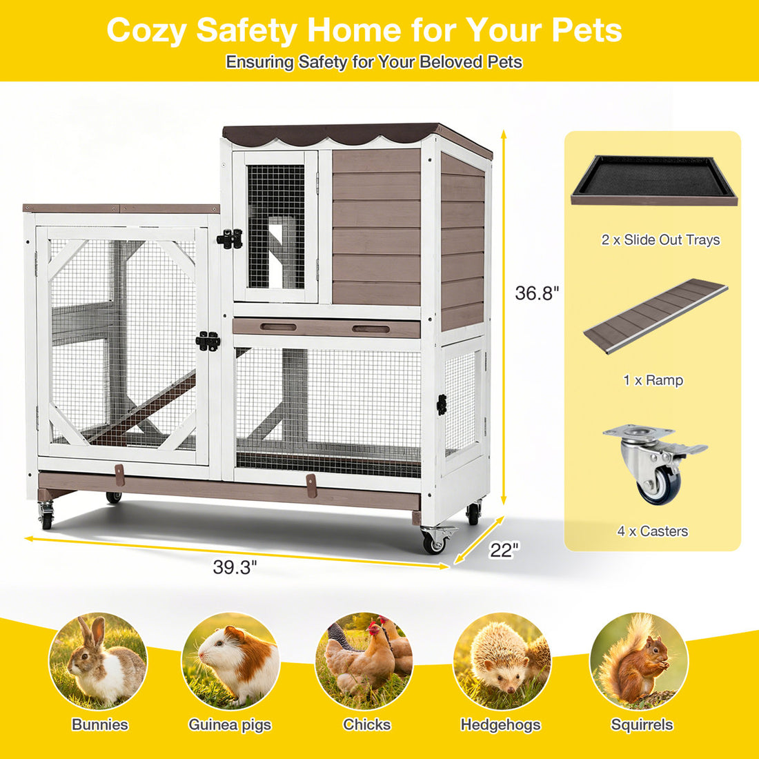 2-Story Wooden Rabbit Hutch Indoor Outdoor, Bunny Cage with Wheels, Chew-Proof Ramp & Pull Out Leak-Proof Trays for Rabbits, Guinea Pigs & Small Animals