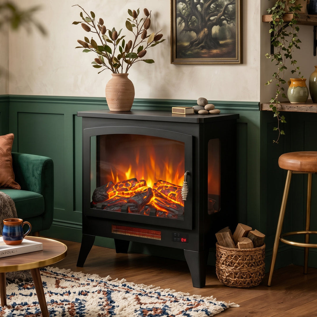 21 Electric Fireplace Stove with 3D Flame, 1400W Portable Freestanding Heater with 3-Sided View, Remote Control and Overheat Protection for Room