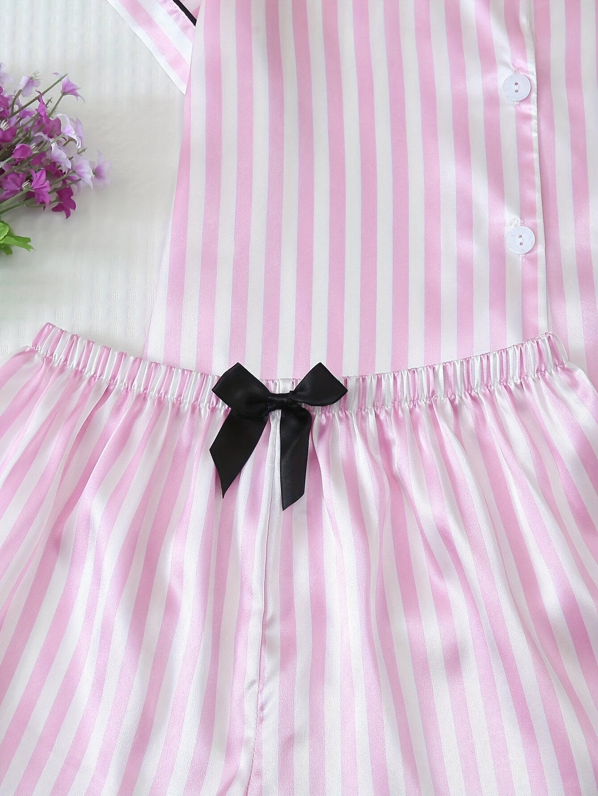 summer womens pajamas pink striped bow short sleeve shorts