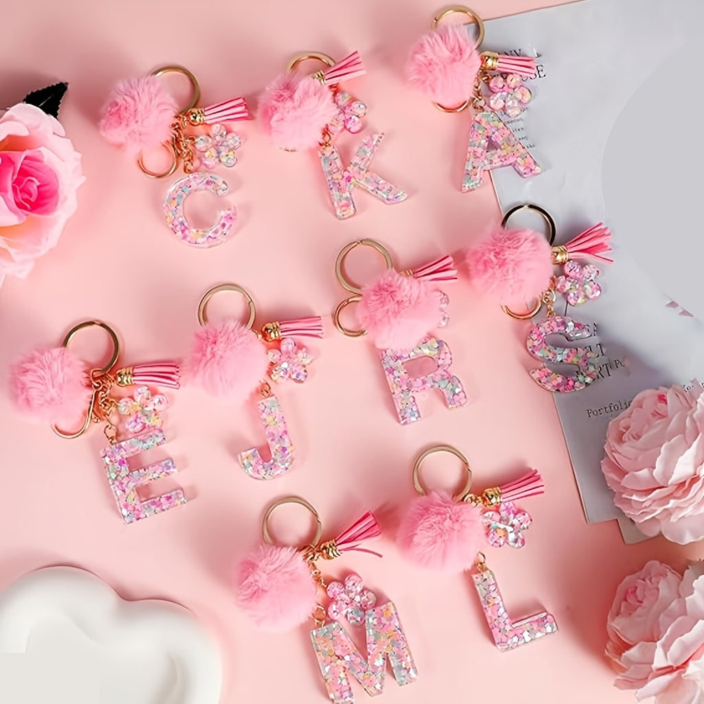 ladies initial keychain cute pink flower resin letter