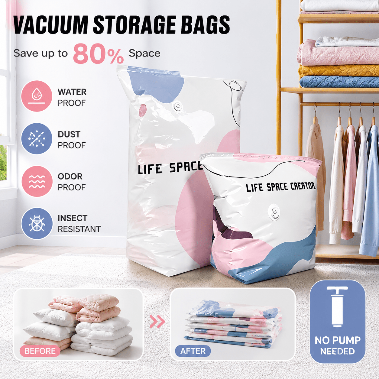 8pcs heavy duty vacuum storage bag no pump required