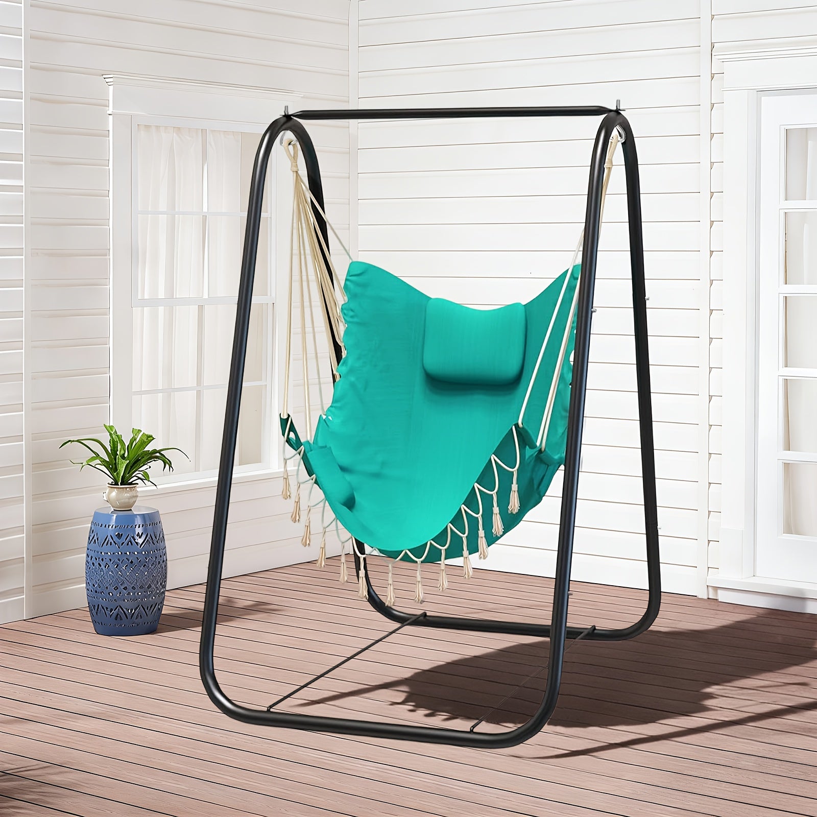outdoor swing chair a stand featuring a   metal hammock
