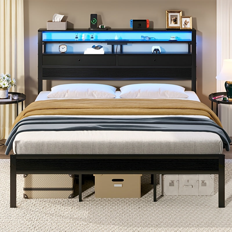 black led platform bed frame charging station 3 tier side