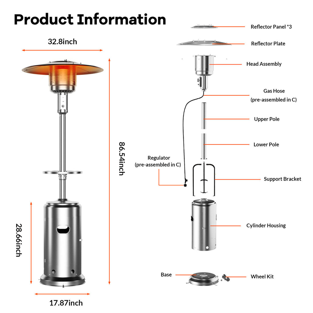 48,000 BTU Propane Patio Heater, Outdoor Gas Heater Liftable Table, Stepless Temp Control & Safety, Brown
