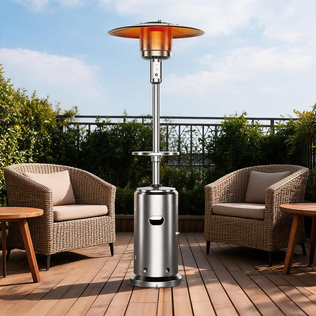 48,000 BTU Propane Patio Heater, Outdoor Gas Heater Liftable Table, Stepless Temp Control & Safety, Brown