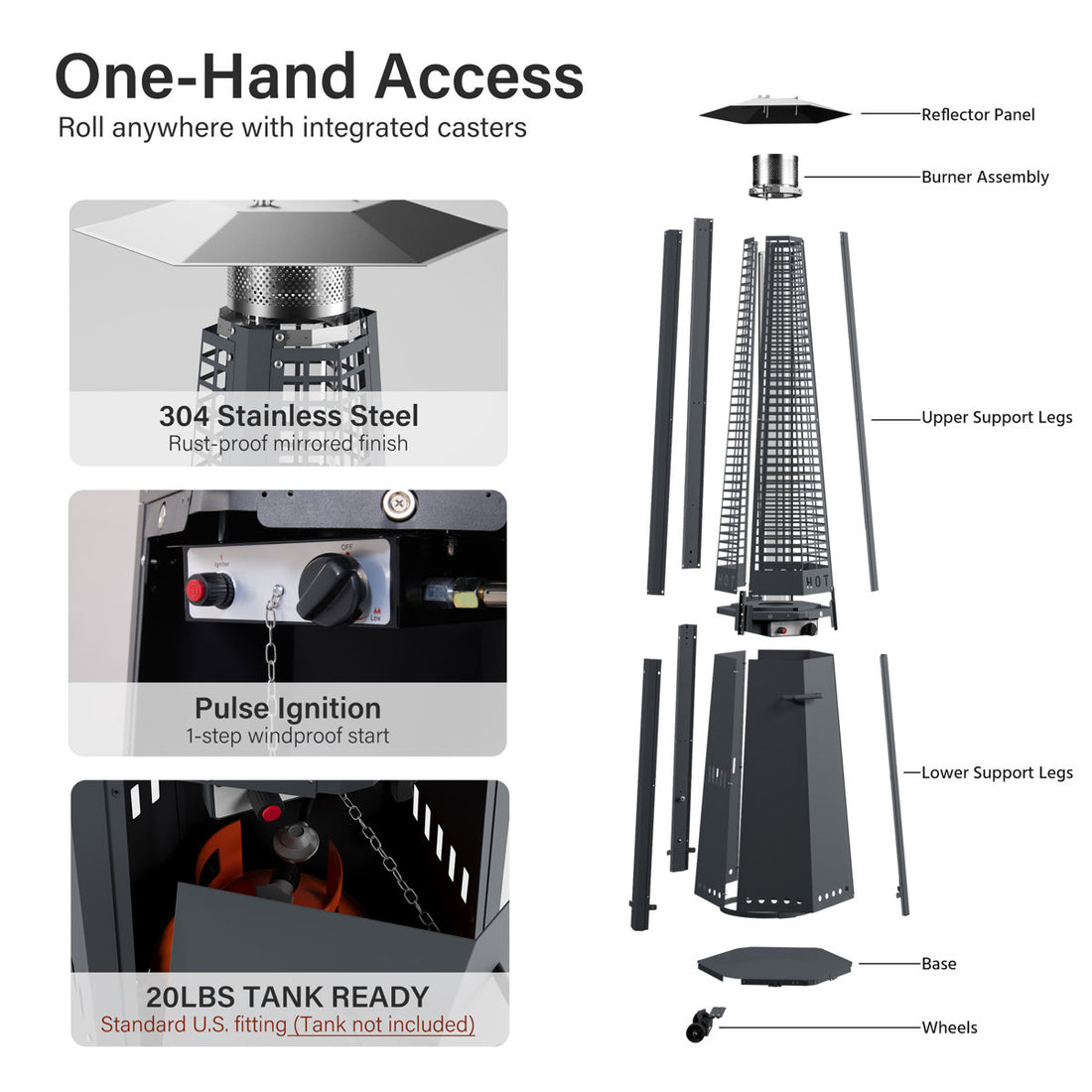 48,000 BTU Propane Pyramid Patio Heater with Wheels and Removable Side Panels, Hexagonal Outdoor Heater