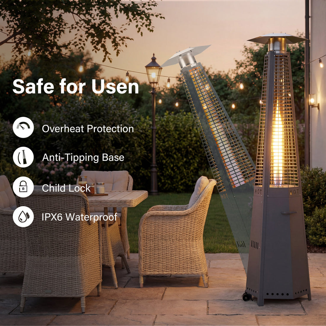 48,000 BTU Propane Pyramid Patio Heater with Wheels and Removable Side Panels, Hexagonal Outdoor Heater