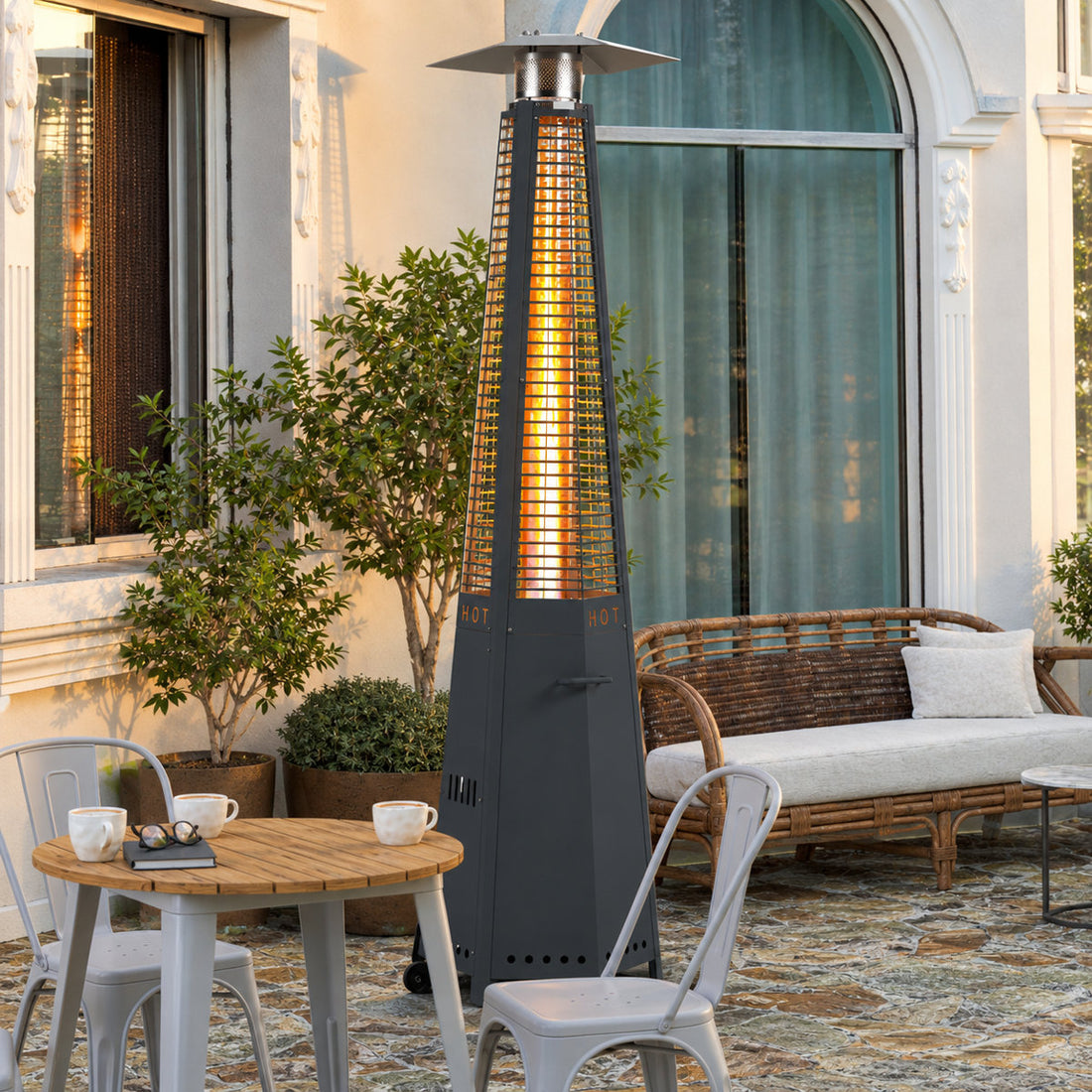 48,000 BTU Propane Pyramid Patio Heater with Wheels and Removable Side Panels, Hexagonal Outdoor Heater