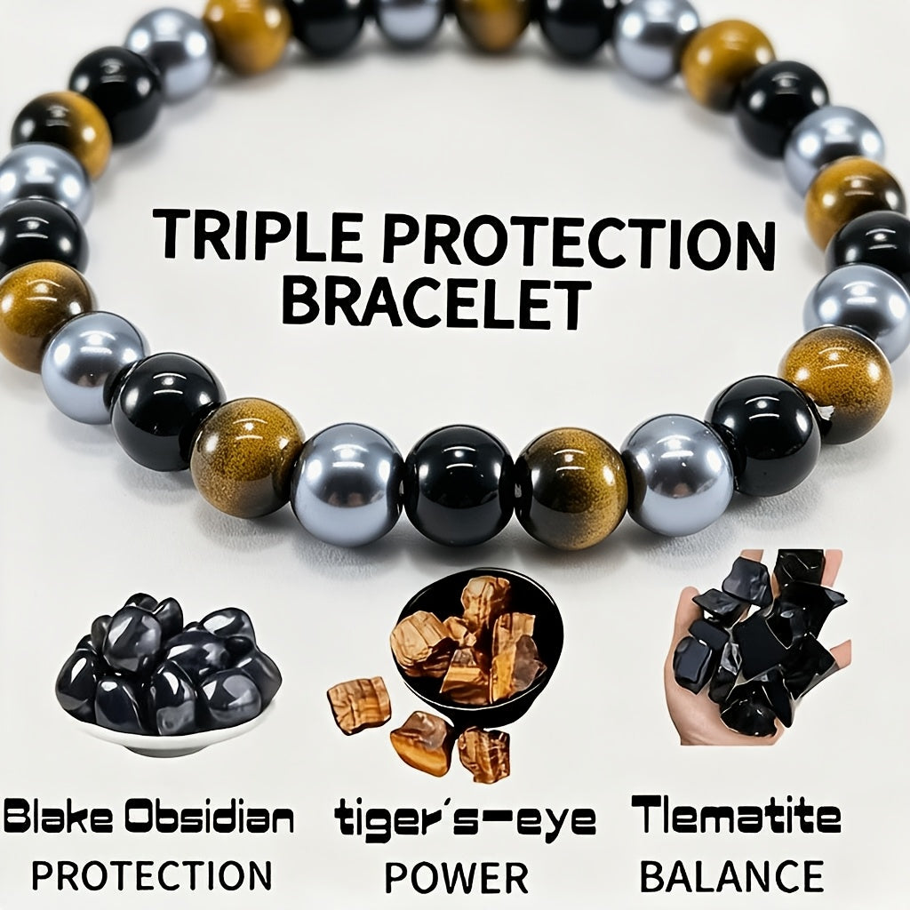 a bracelet made three types stones tigers eye obsidian black