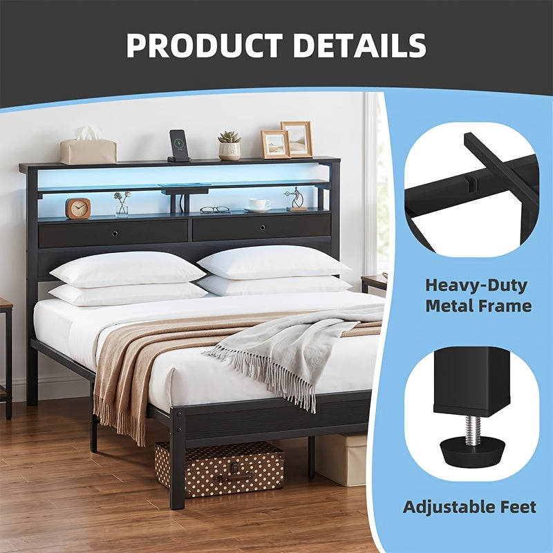 black led platform bed frame charging station 3 tier side