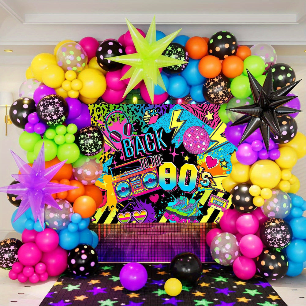 a set 104 balloons featuring an 80s theme showcasing vibrant