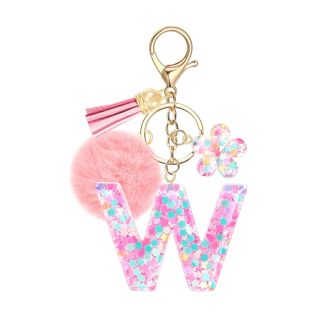 ladies initial keychain cute pink flower resin letter