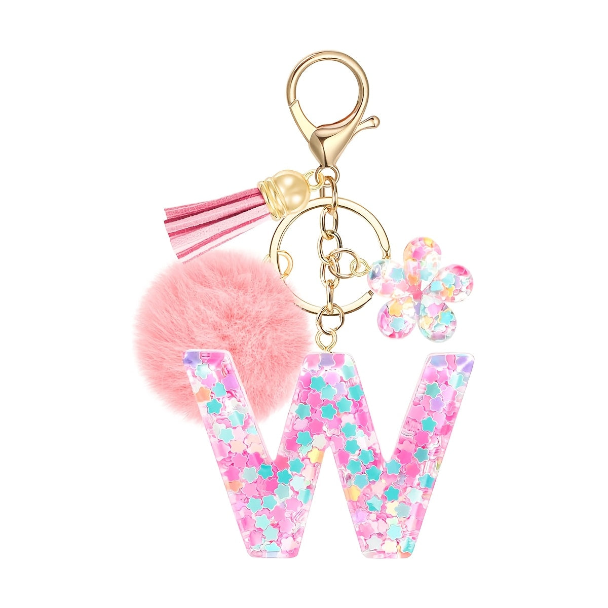 ladies initial keychain cute pink flower resin letter