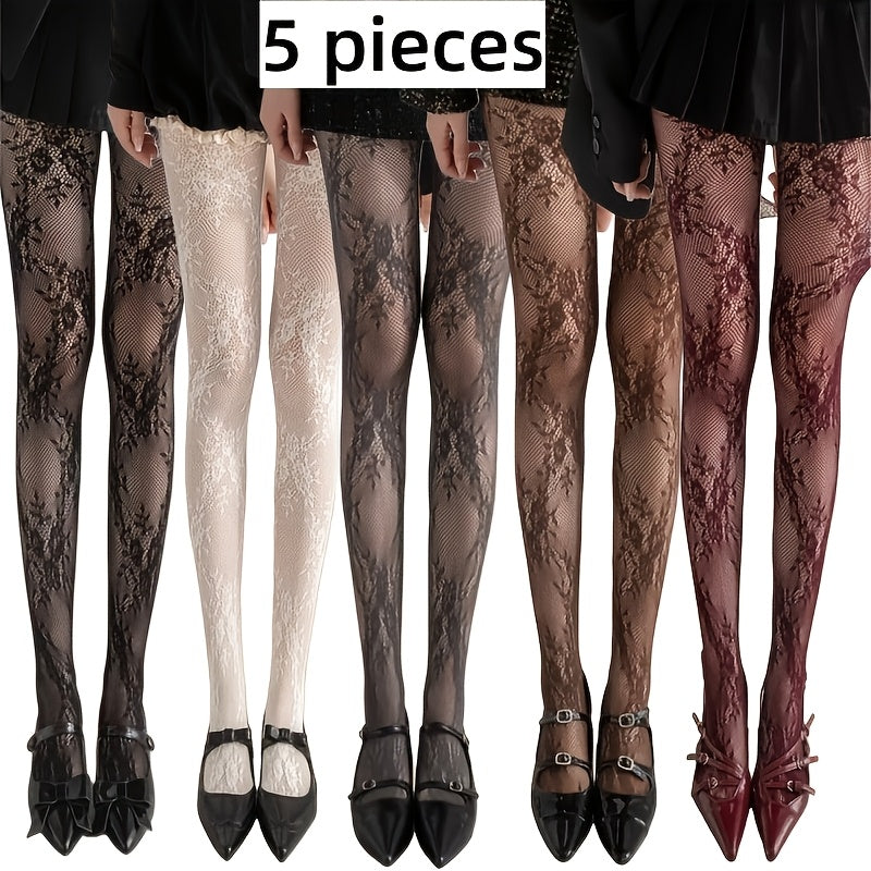 5 pair pack patterned hollow vintage lace jacquard floral