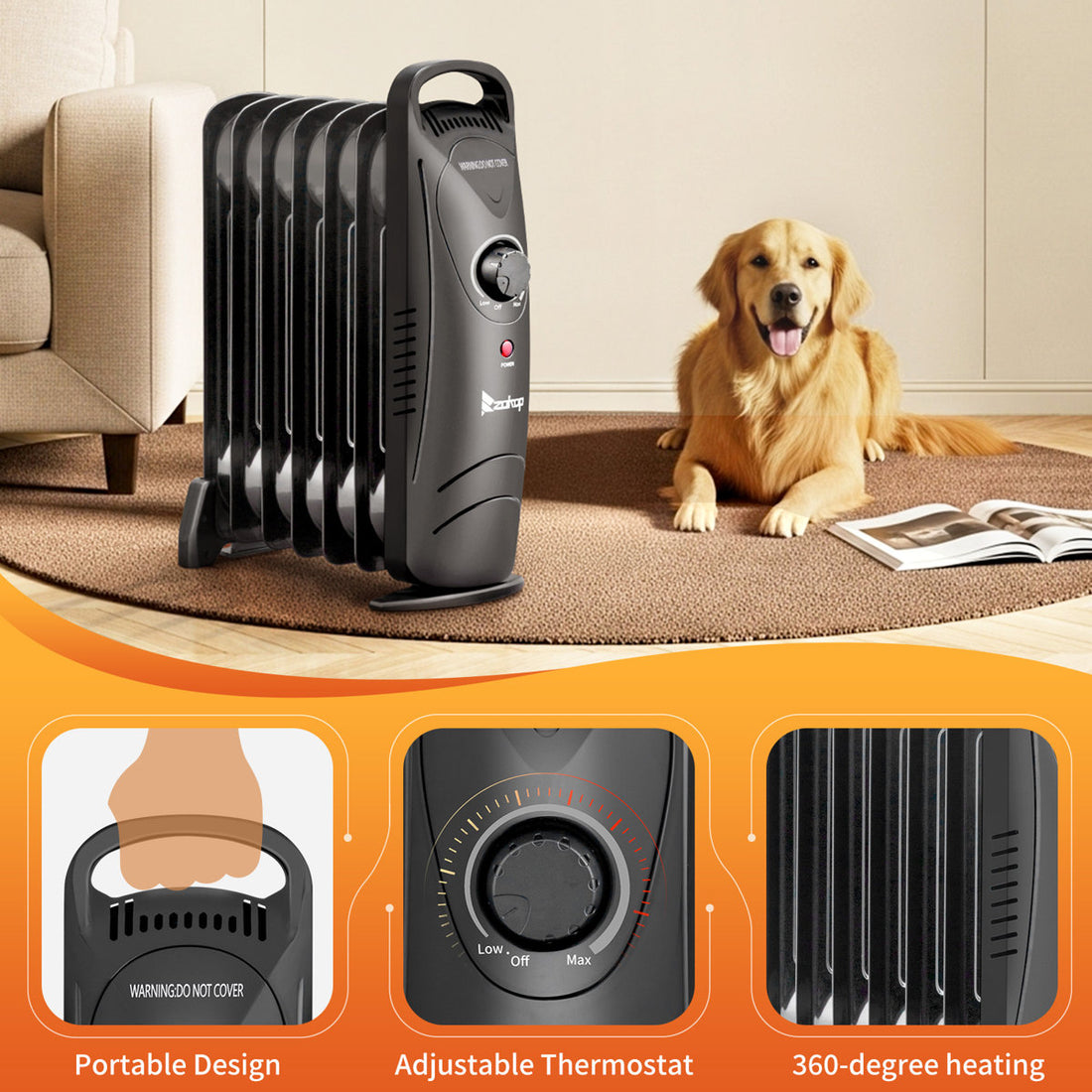 600-Watt Black Indoor Electric Oil-Filled Radiator Space Heater