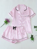 summer womens pajamas pink striped bow short sleeve shorts