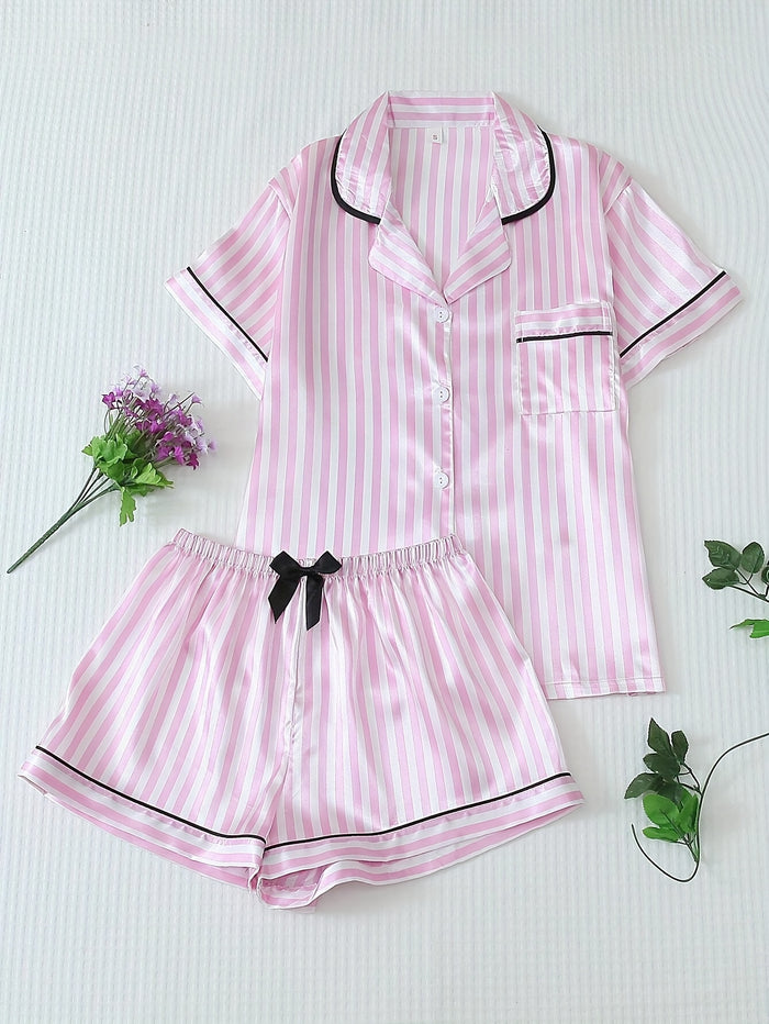 summer womens pajamas pink striped bow short sleeve shorts