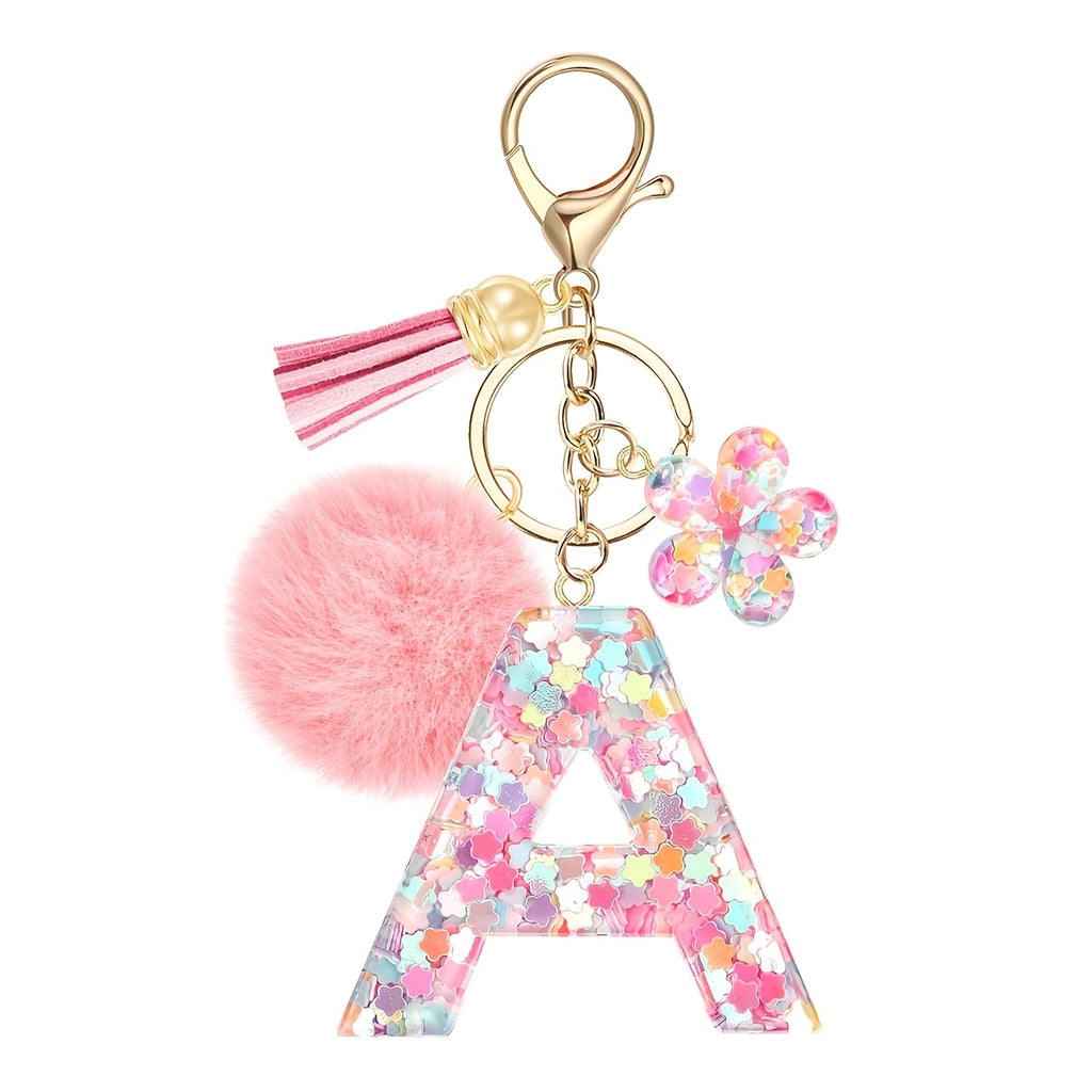 ladies initial keychain cute pink flower resin letter