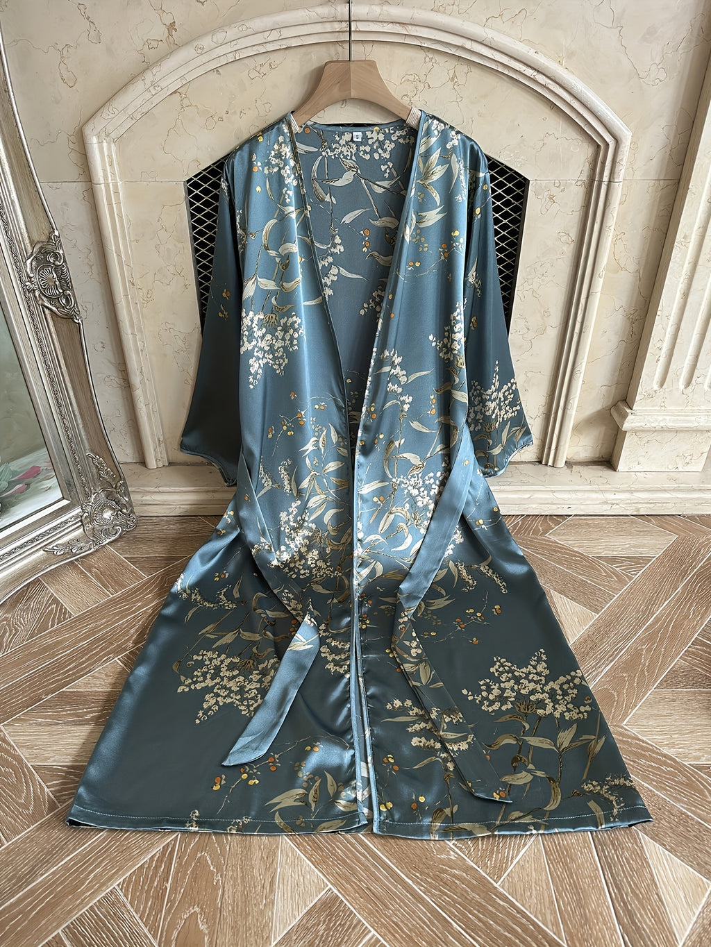 womens elegant floral print satin robe v neck belt casual