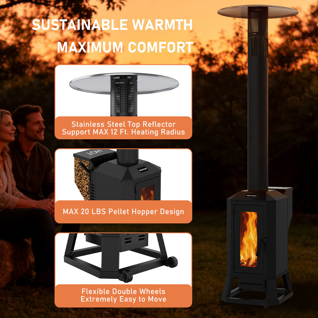 70,000 BTU Wood Pellet Patio Heaters with Wheels & Glass Window, Outdoor Heater for Patio, Backyard & Commercial Use