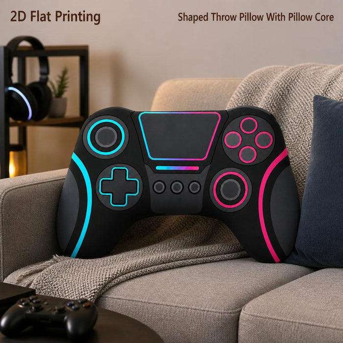 neon gaming controller shaped throw pillow