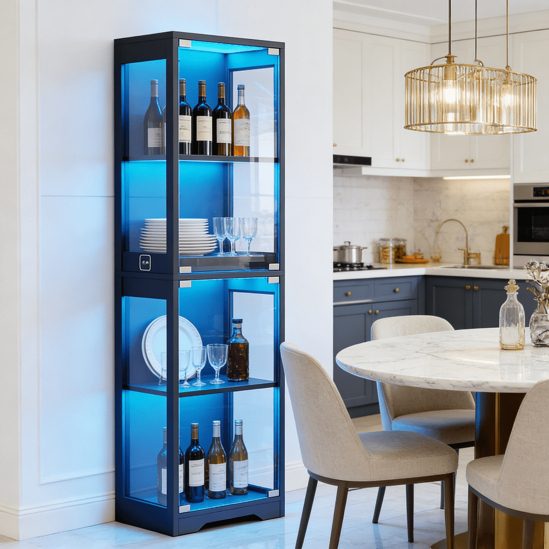 single door glass display cabinet 4 tier 3 led lights smart