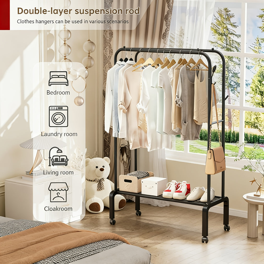 heavy duty metal double pole garment rack rolling wheels