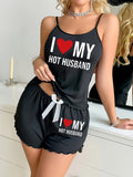 womens love hot husband print tank top shorts set black