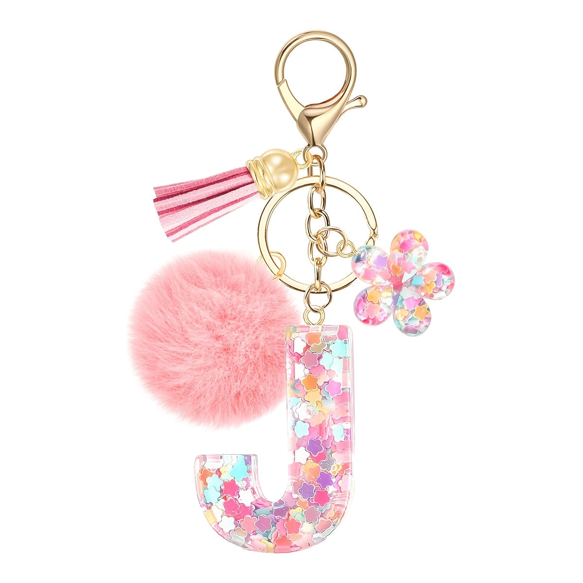 ladies initial keychain cute pink flower resin letter