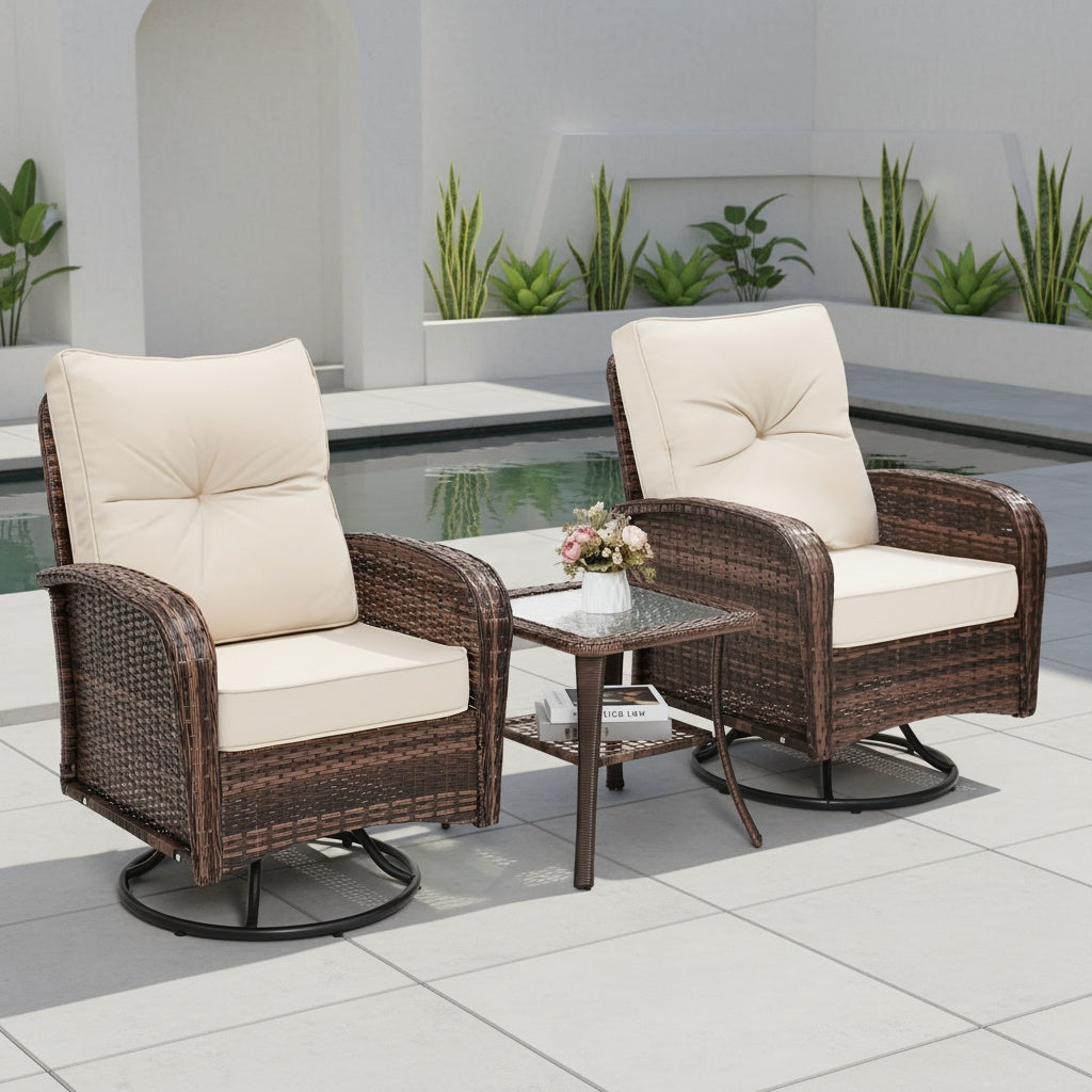 3pcs patio wicker glider rocker set 360 degree swivel