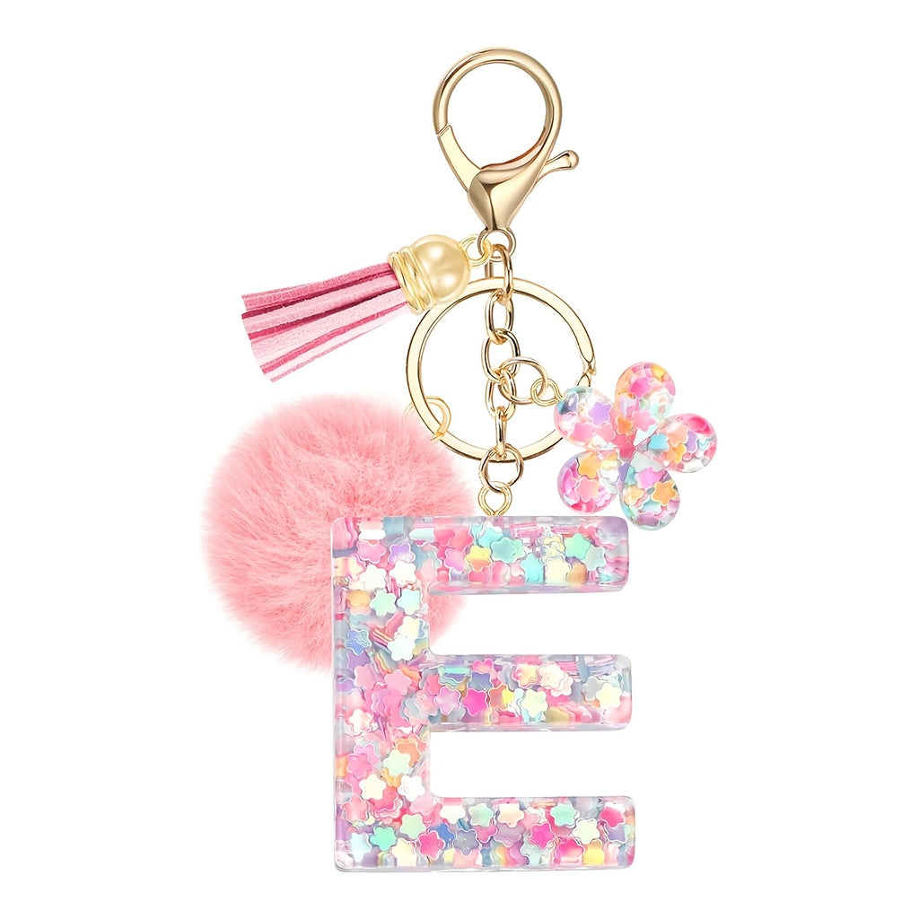 ladies initial keychain cute pink flower resin letter